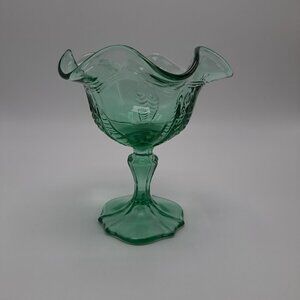 Vintage Fenton Green Glass Ribbon Edge Pedestal Bowl Candy Dish Compote